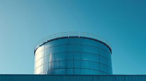 Nowoczesny zbiornik na wodę stalowy zamontowany na terenie przemysłowym.
