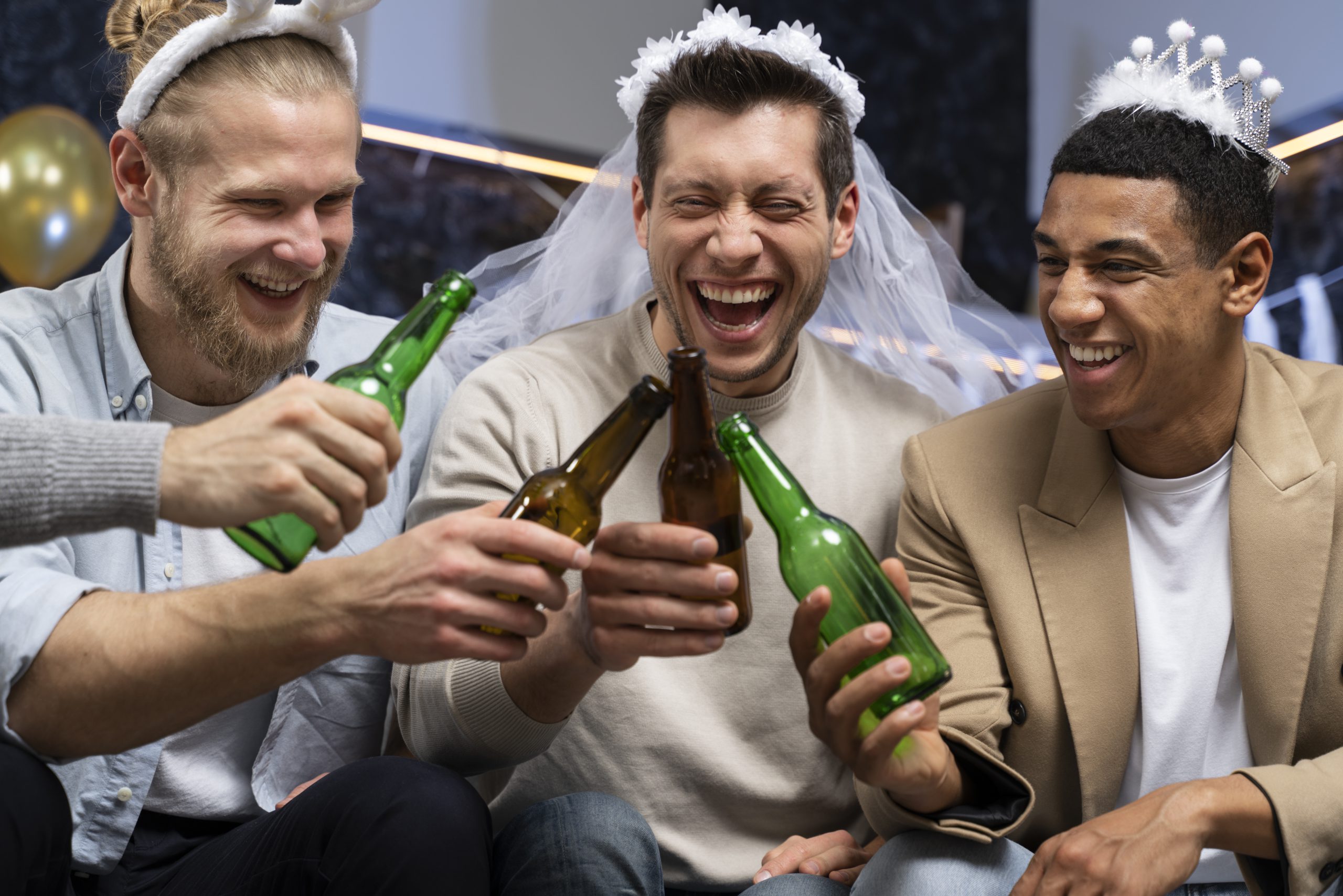 Wieczór kawalerski Kraków – przebrani, uśmiechnięci mężczyźni pijący alkohol.