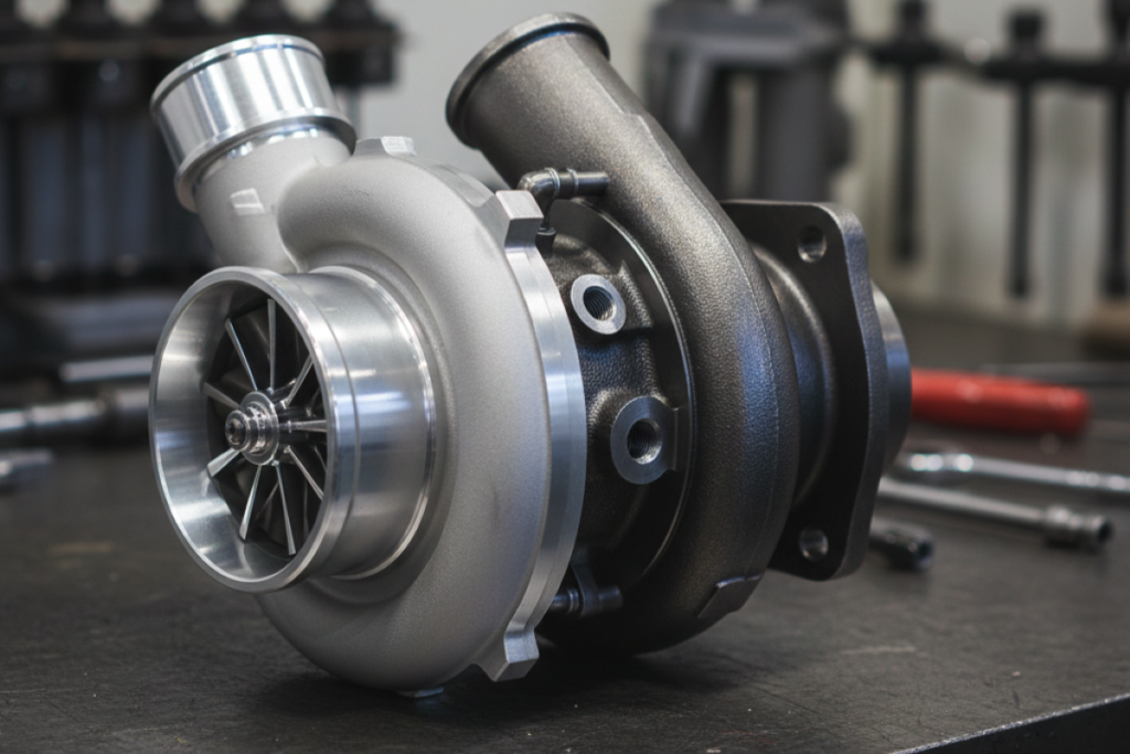 Fabrycznie nowa turbosprężarka samochodowa wyeksponowana na blacie warsztatowym, prezentująca precyzyjne części do turbin
