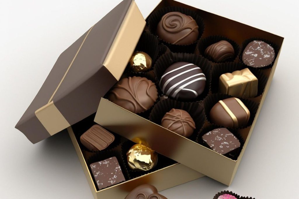 Eleganckie bombonierki z logo w złotym pudełku, wypełnione różnorodnymi czekoladkami rzemieślniczymi i pralinami z posypką.