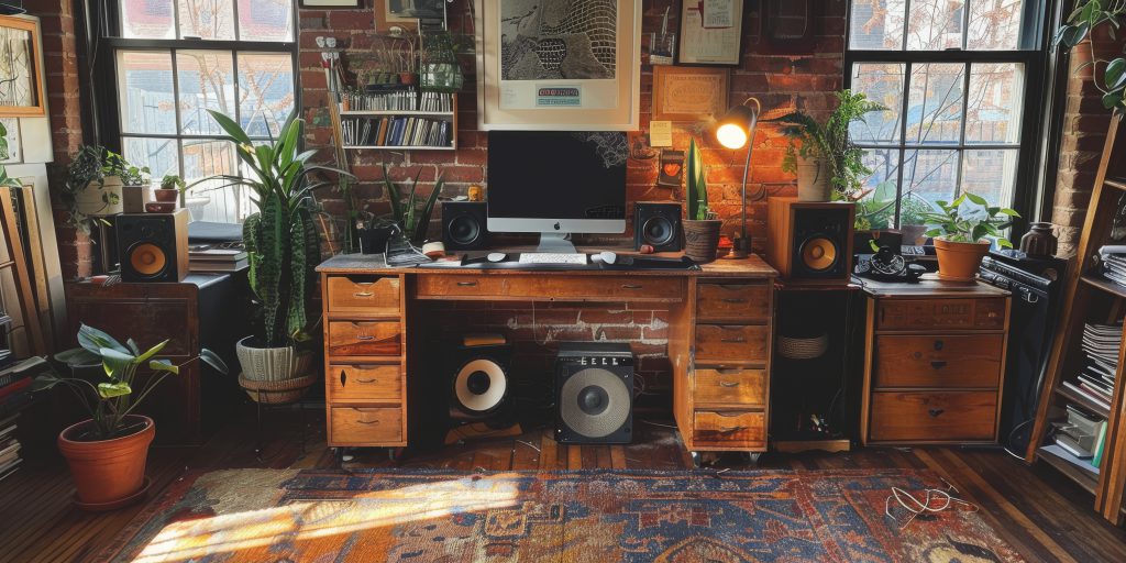 aranżacja pokoju z drewnianym biurkiem - biurka i konsole retro